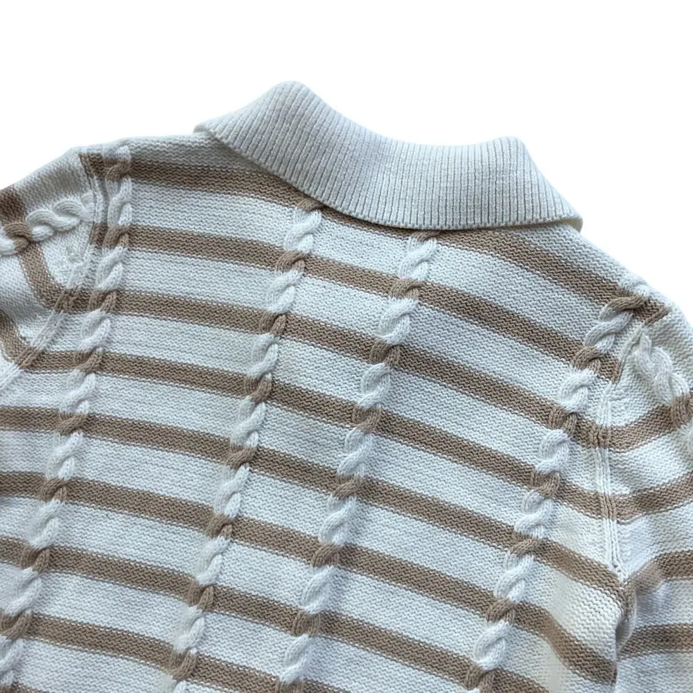Talbots Collared Button Up Fisherman Knit Cardigan Size MP Tan White Stripe